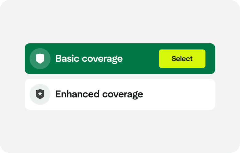 Coverage selection UI with Basic and Enhanced options.