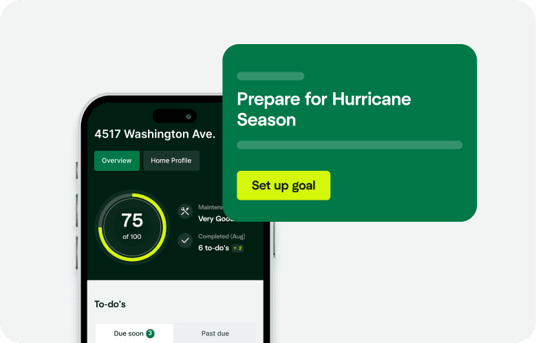 Hippo Home app home profile screen with a score of 75/100 and a Hurricane Season prep prompt.