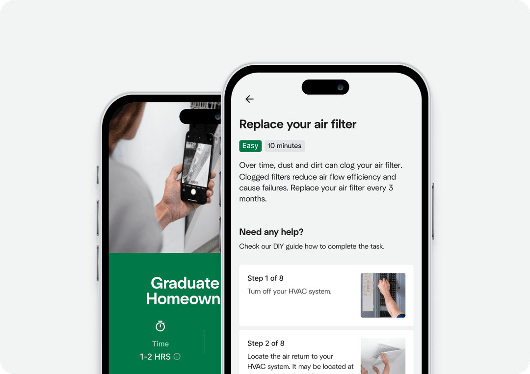 Two Hippo Home app screens: one showing a Graduate Homeowner feature, estimated 1–2 hours and the other showing a guide for replacing an air filter, tagged Easy, 10 minutes, with step-by-step instructions.