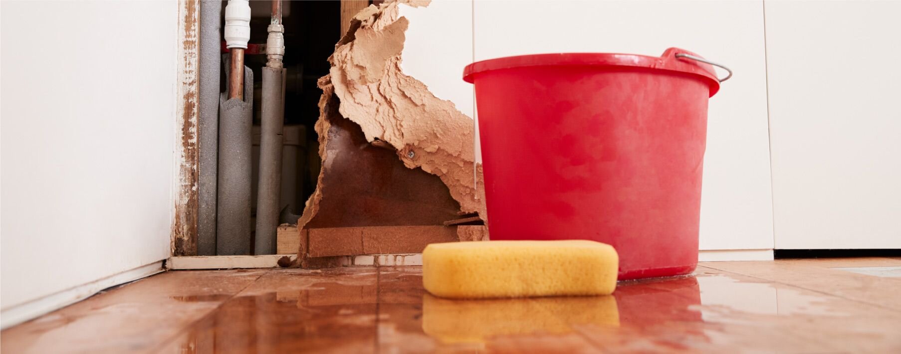 Image of a damaged wall with water a sponge and a bucket on the ground