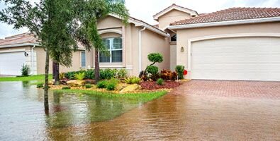 Image of water coming up a driveway in from of a light tan house