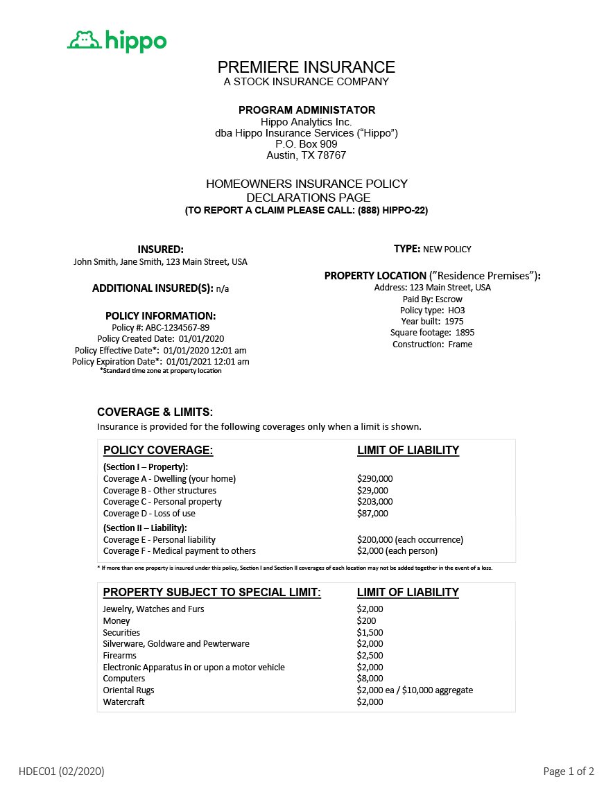 A sample of a declaration page