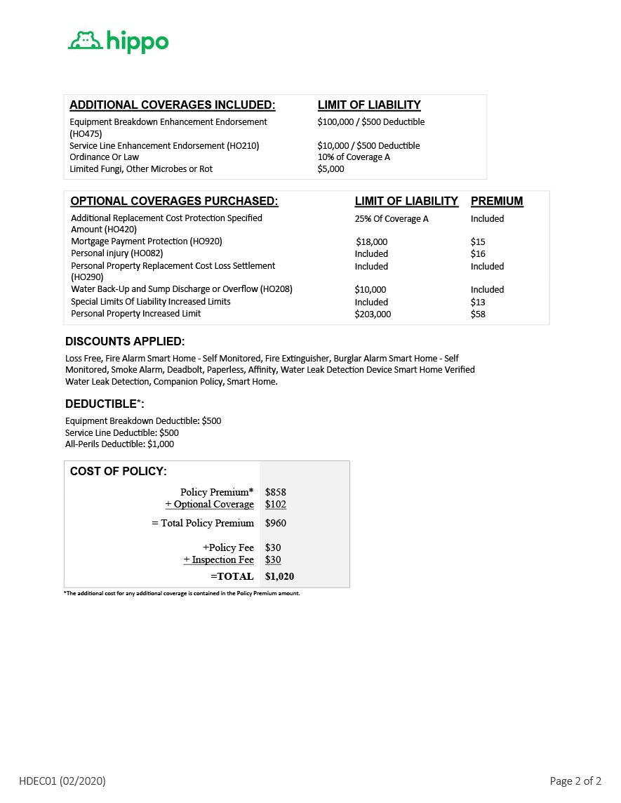 A sample of a declaration page