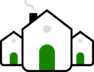 Illustration of three houses with green doors and smoke coming out of the chimney of one